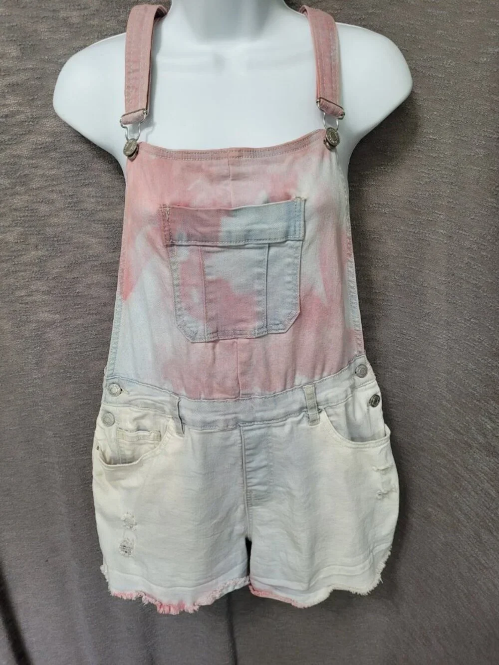YMI Stretch Denim Shorts Bib Overalls Size 7 Tie Dye Rainbow Pink Blue Y2K Baggy
